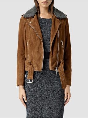 AllSaints Suede Moto Jacket Removable Shearling Collar Mango Zara